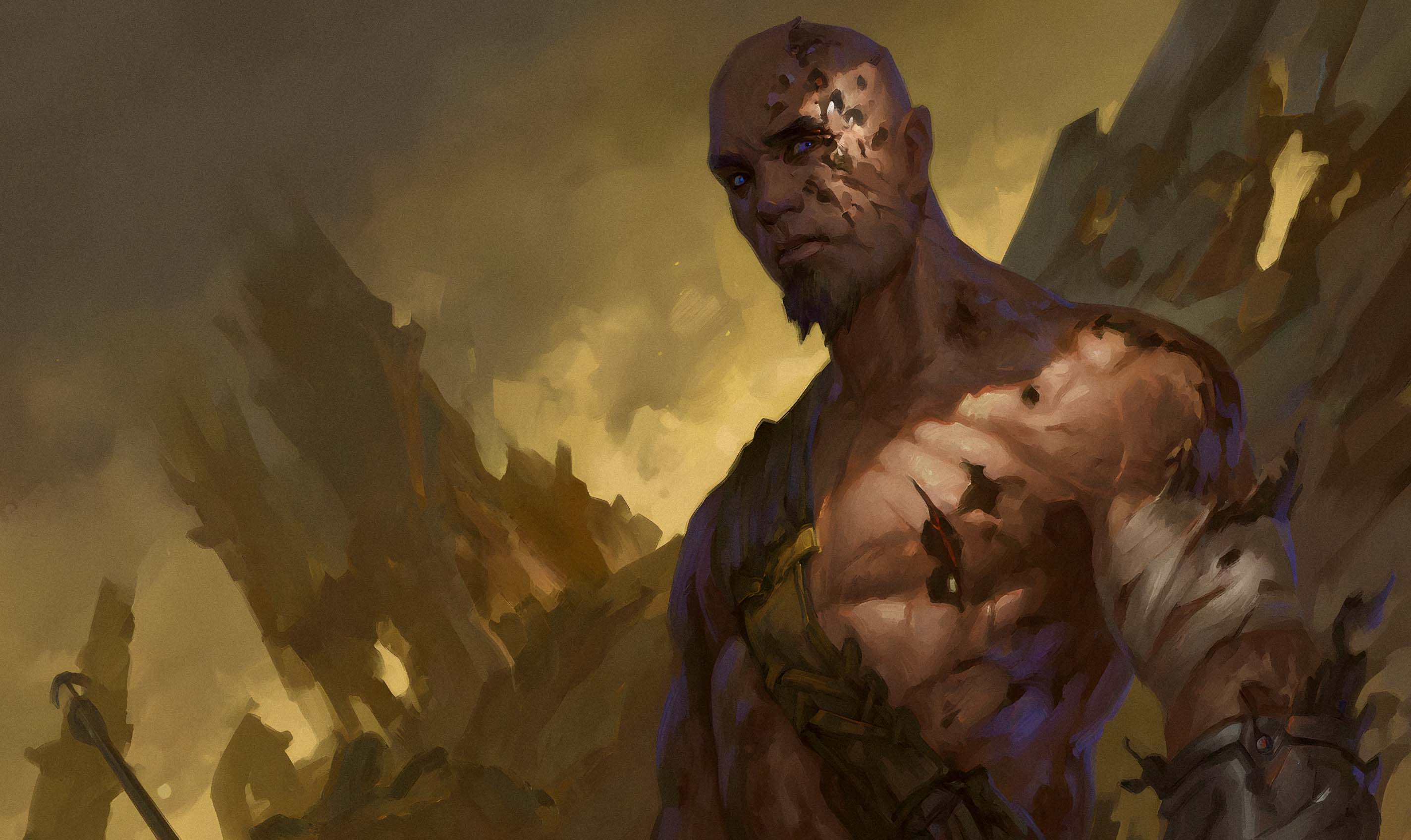 A battle-scarred warrior bearing the marks of survival