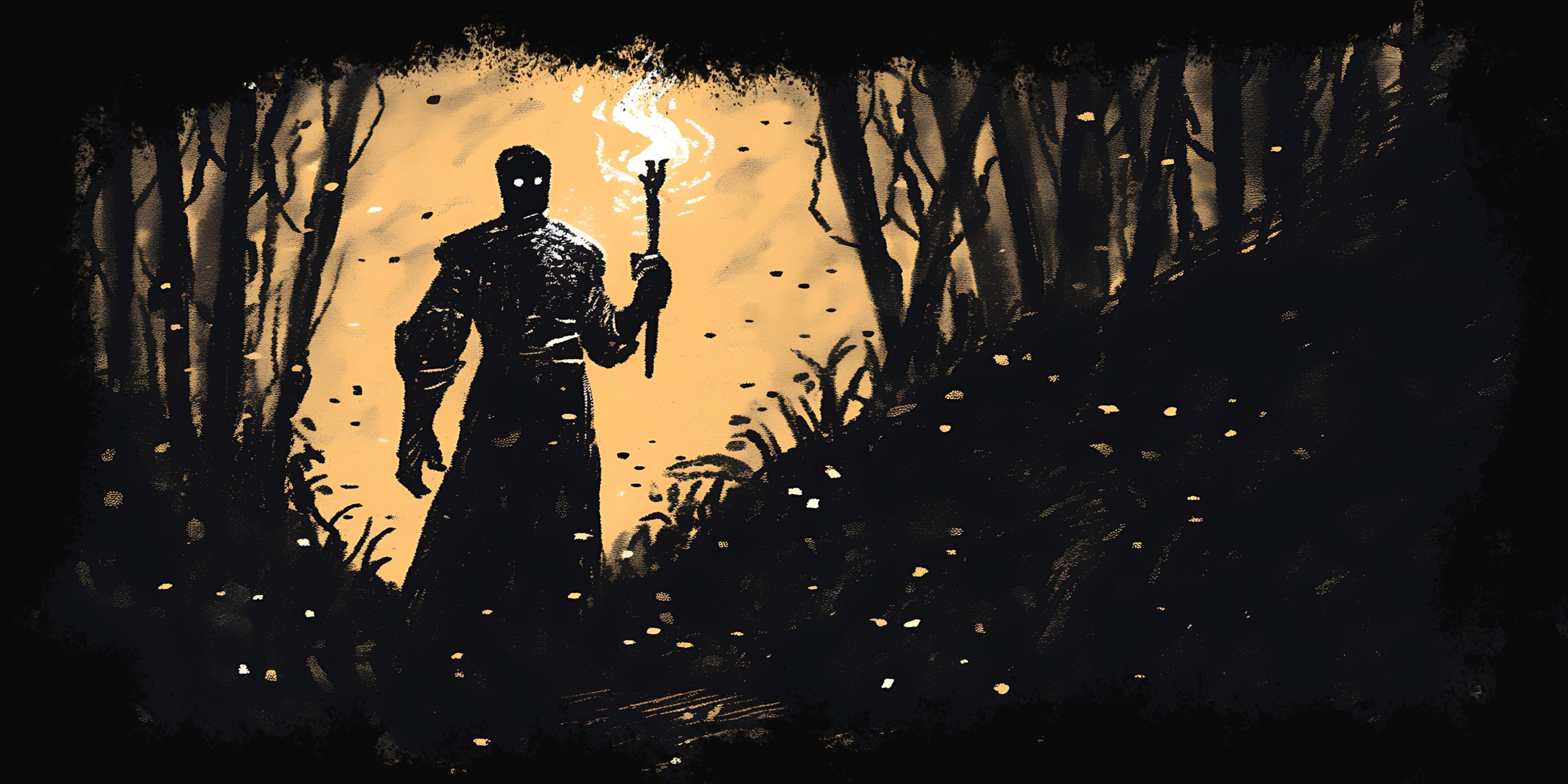 Survivors huddled around a torch in dark ruins